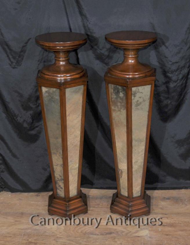 Pair Art Deco Mirrored Pedestal Stands Tables