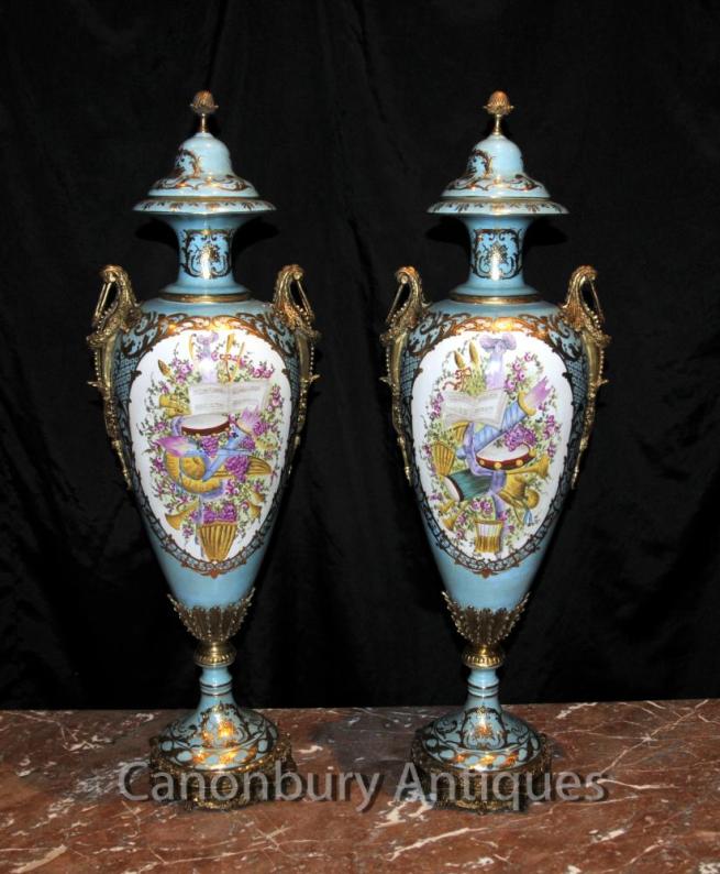 Pair Elegant Sevres Porcelain Cyan Vases Amphora Urns