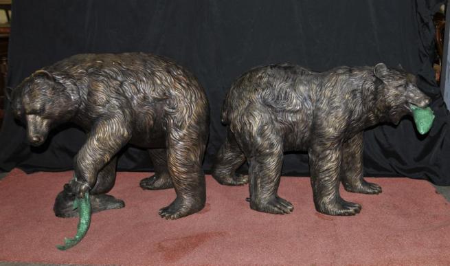 Pair French Bronze American Grizzly Bear Fountains Statues Salmon