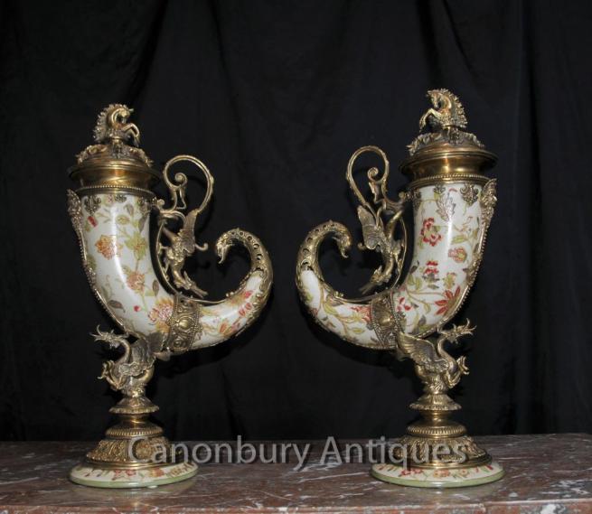 Pair French Porcelain Cornucopia Vases Urns Horn of Plenty