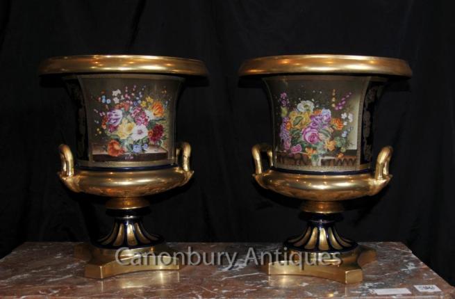 Pair French Sevres Porcelain Floral Campana Urns Vases Planters