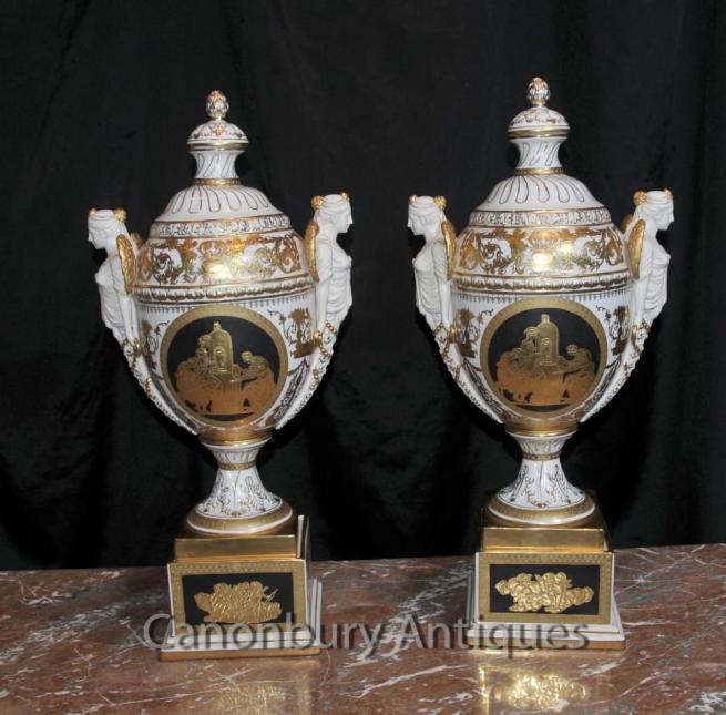 Pair German Dresden Bisque Porcelain Urns Vases Maiden Jars