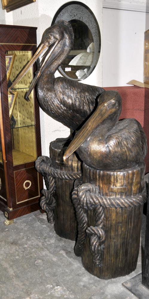 Pair Giant Bronze Californian Pelican Statues Birds