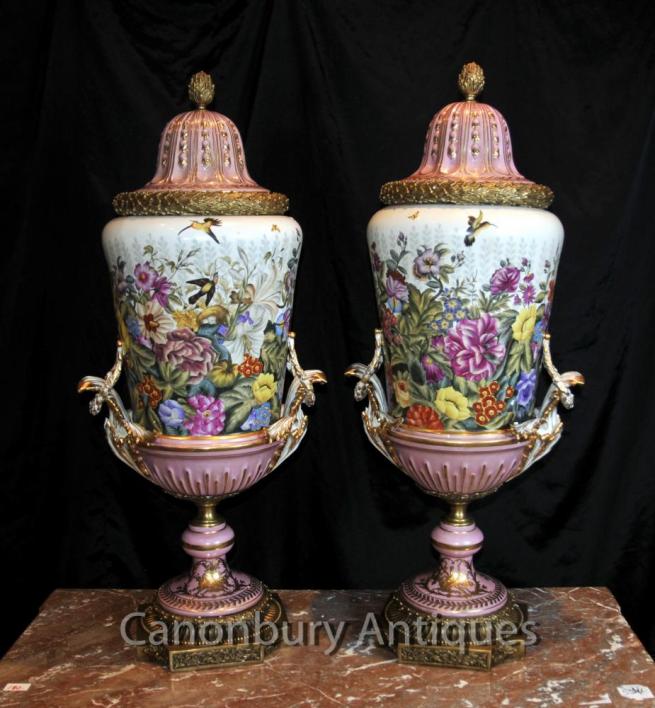 Pair Pink Tropical Sevres Porcelain Urns Vases Ormolu