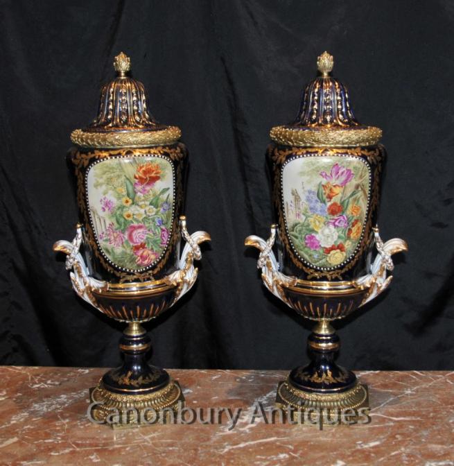 Pair Sevres Porcelain Floral Urns Vases Ormolu Mounts Urn