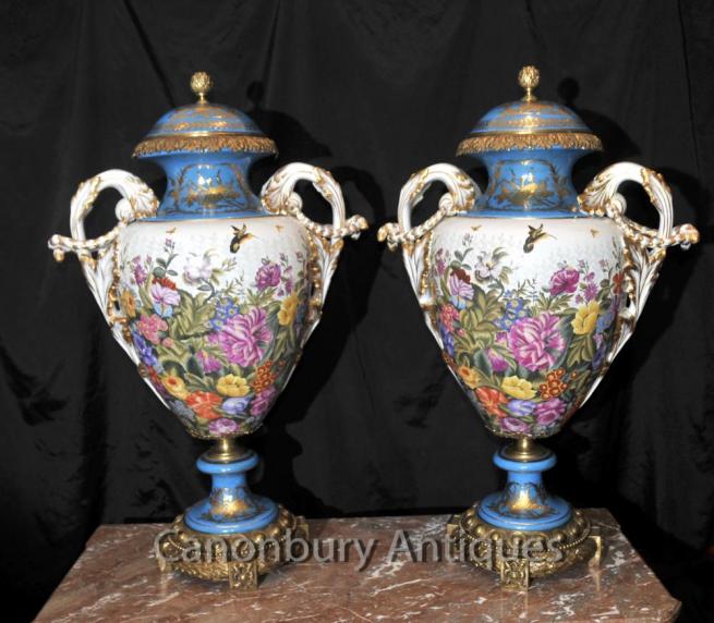 Pair Sevres Porcelain Tropical Amphora Vases Urns Cyan Blue