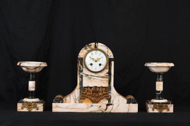 Antique French Art Deco Marble Clock Set Garniture Urns