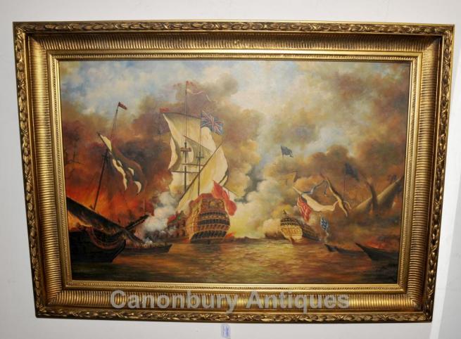 English Oil Painting Battle Scene Spanish Armada Sea Scape Navy