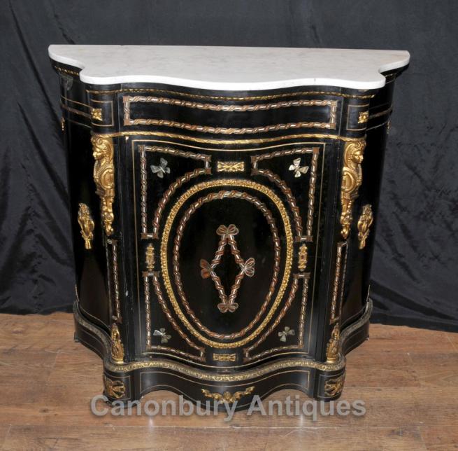 French Antique Black Lacquer Cabinet Credenza Marquetry Inlay Chest