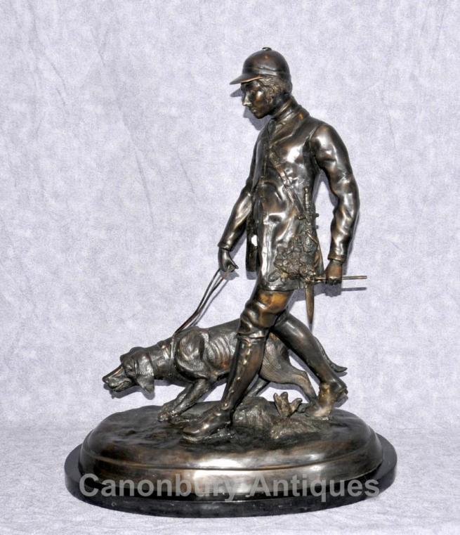 French Bronze Hunter and Dog Statue by PJ Mene Bloodhound Casting