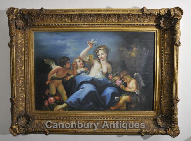 Italian Oil Painting Nude Nymph Cherub Portrait Scene Art