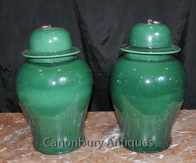 Pair Chinese Porcelain Ginger Jars Temple Jars Urns Vases