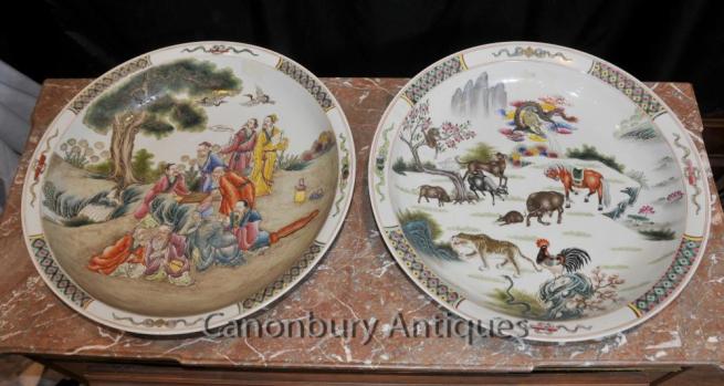 Pair Chinese Qianlong Porcelain Plates Canton Pottery Cantonese Plaques