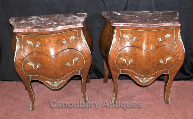 Pair Empire Bombe Bedside Chests Commodes Nightstands French Walnut