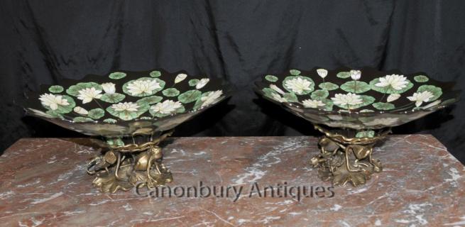 Pair French Art Nouveau Plates Comports Ormolu Frog Base