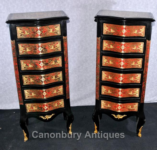 Pair French Boulle Chests Drawers Tall Boy Commodes Louis XVI