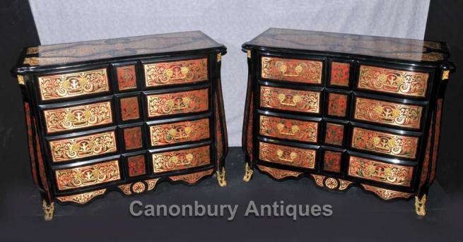Pair French Boulle Inlay Bombe Commodes Chests Drawers