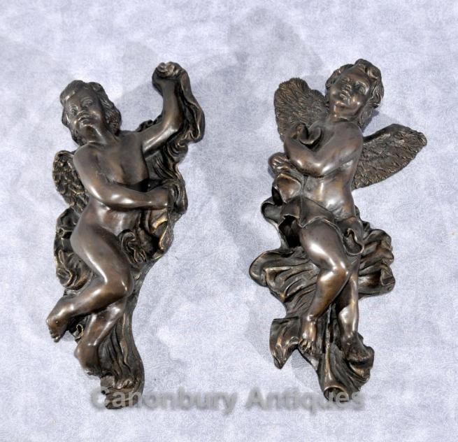 Pair French Bronze Cherub Plaques Castings Cherubim Putti