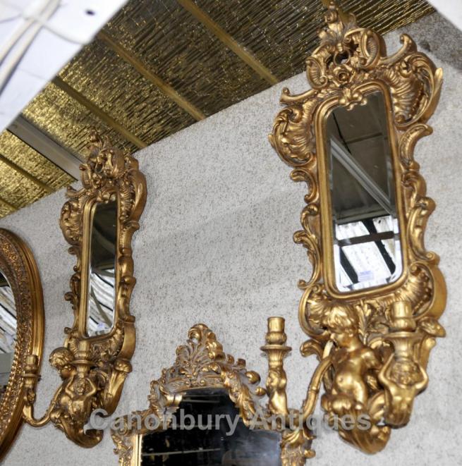 Pair French Cherub Gilt Girandole Mirrors Louis XVI Sconces Candelabras