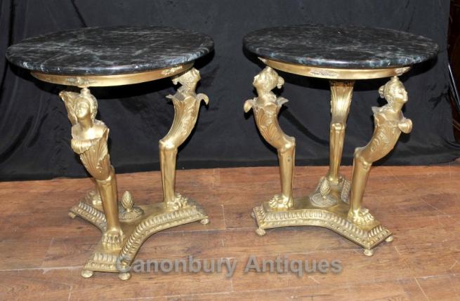 Pair French Empire Antique Maiden Side Tables Ormolu