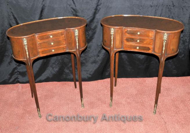 Pair French Louis Philippe Kidney Side Table Nightstands Bedside Chests
