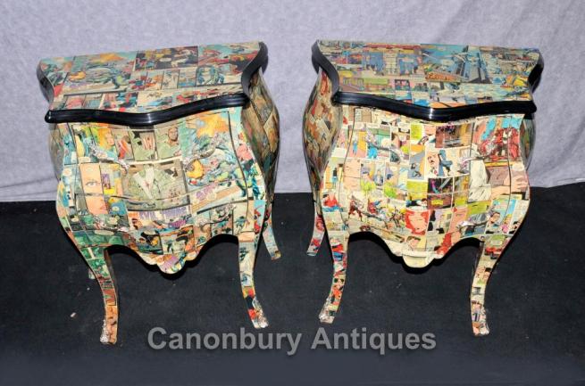 Pair Funky Comic Print Chests of Drawers Deco Commode Bombe