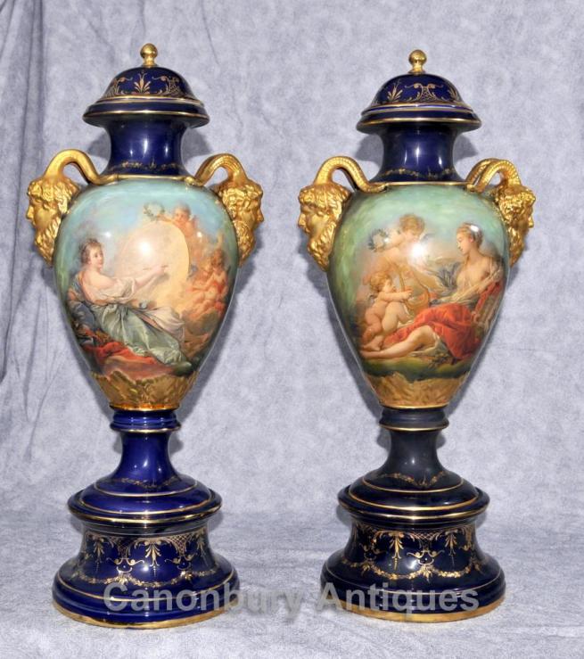 Pair German Dresden Porcelain Cherub Vases Urns Satry Handles