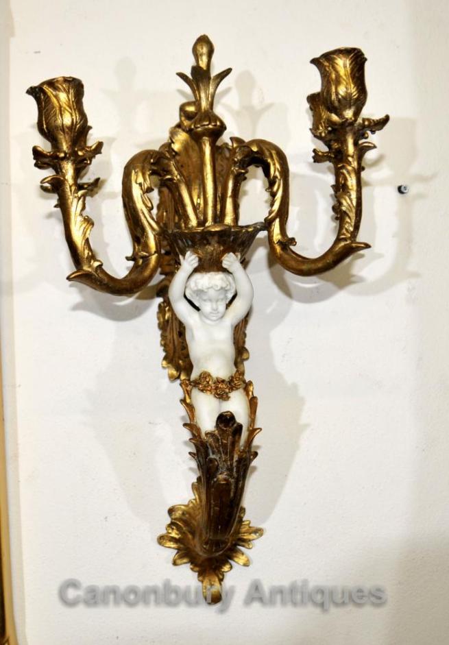 Pair Gilt Alabaster Italian Cherub Wall Sconces Candelabras