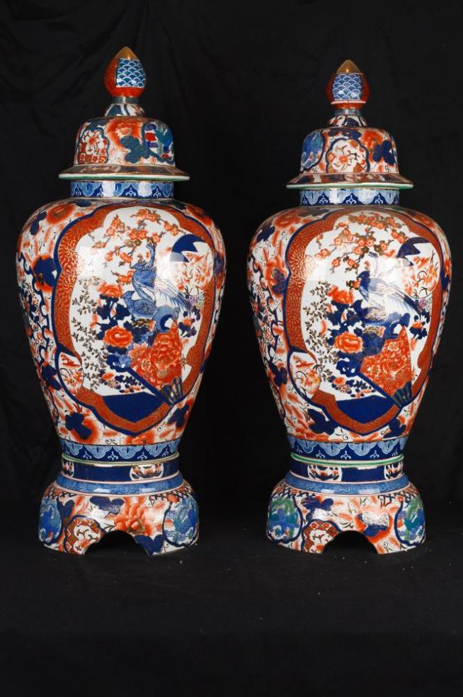 Pair Japanese Imari Porcelain Lidded Urns Vases