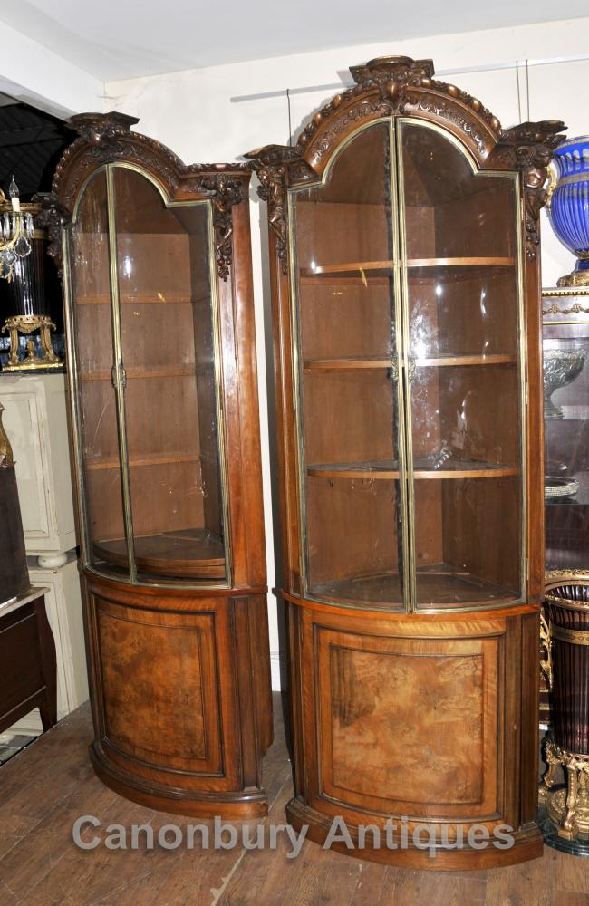 Pair Large Antique Scottish Walnut Corner Cabinets Bookcases Specimen Stately Home