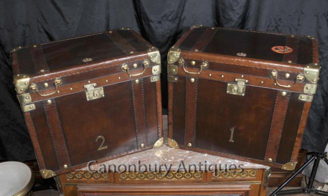 Pair Leather Steamer Trunk Luggage Cases Boxes Side Tables