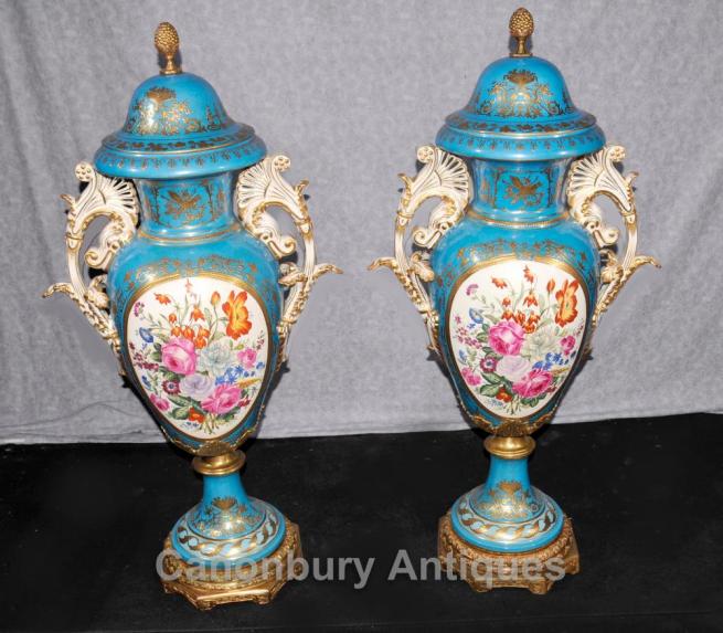 Pair XL Dresden Porcelain Floral Urns Vases Cyan Blue