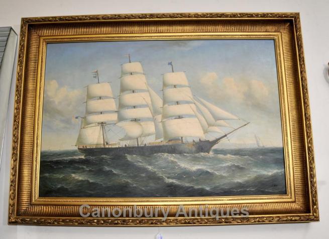 Victorian Oil Painting Clipper Ship Sea Scape Maritime Art