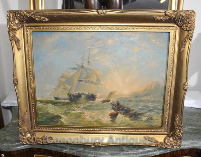 Victorian Oil Painting Cornish Seascape Loading Ship Turneresque Impressionist