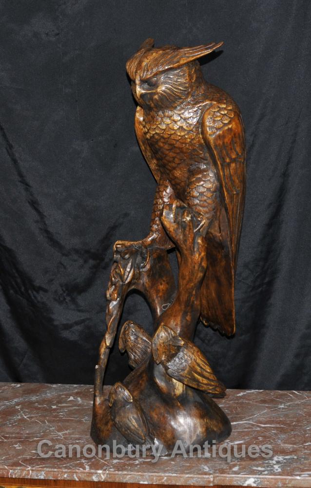 3 ft Hand Carved Hawk Owl Black Forest Statue Birds Prey Eagle