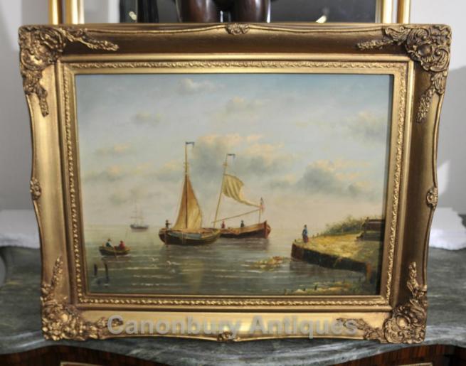 Dutch Oil Painting Fishing Sea Scape Sail Boats Maritime Art