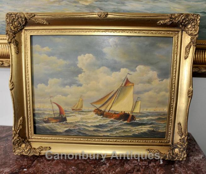 Dutch Oil Painting Sea Scape Sailing Boat Maritime Art Signed A Hess