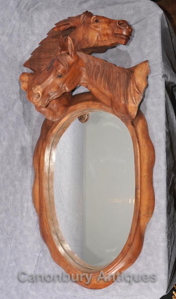 French Hand Carved Mirror Pair Horses Busts Oval Mirrors