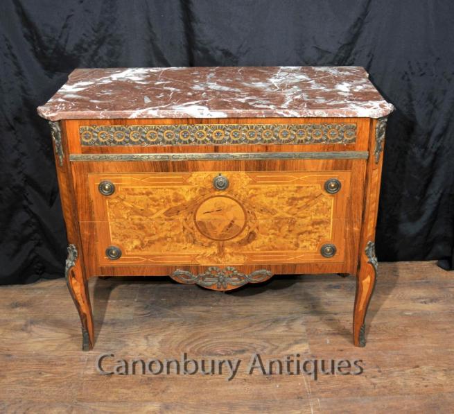 French Napoleon II Antique Chest Drawers Commode Marquetry Inlay
