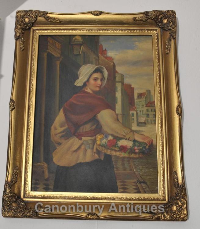 Italian Oil Painting Maiden Flower Seller Portrait Art