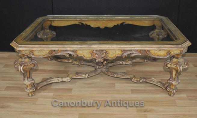 Italian Painted Baroque Coffee Table With Glass Top Tables