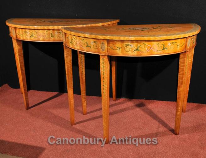 Pair Adams Console Tables Regency Demi Lune Painted Satinwood Furniture