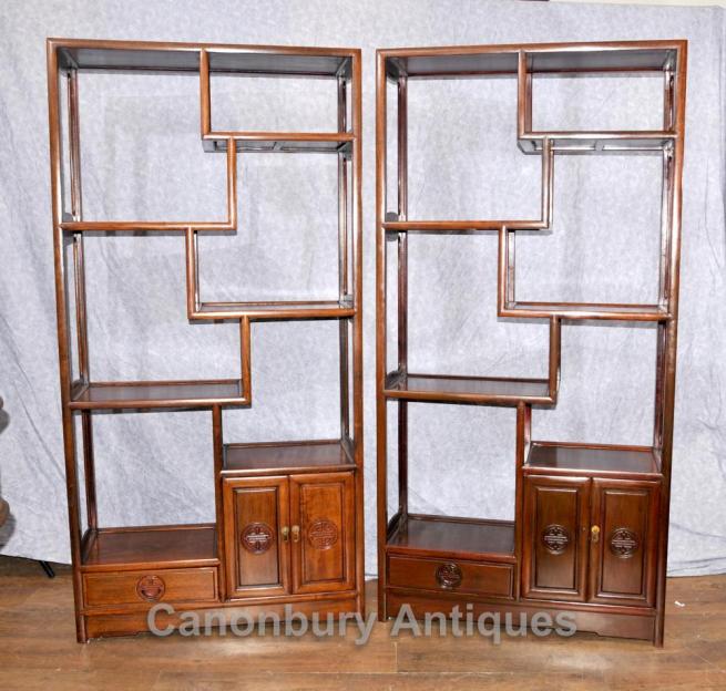 Pair Antique Chinese Mahogany Bookcases Shelf Units Circa 1920