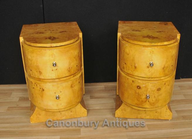 Pair Art Deco Beside Chests Nightstands Blonde Walnut Furniture