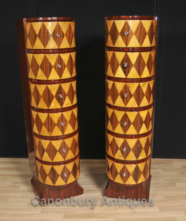 Pair Art Deco Chests Drawers Tall Boys Lozenge Inlay Furniture