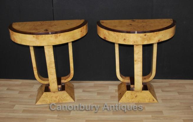 Pair Art Deco Console Tables Blonde Walnut Furniture