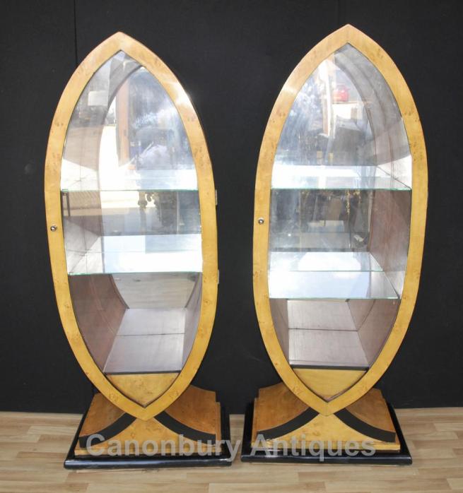 Pair Art Deco Glass Display Cabinets Blonde Walnut