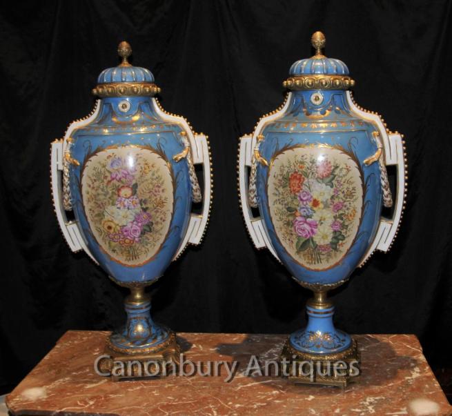 Pair Big French Sevres Floral Spray Porcelain Urns Vases