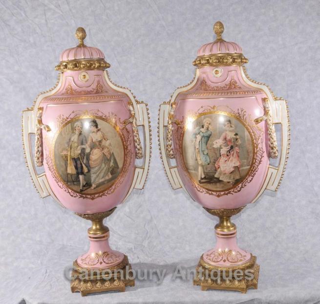 Pair Big French Sevres Porcelain Romantic Vases