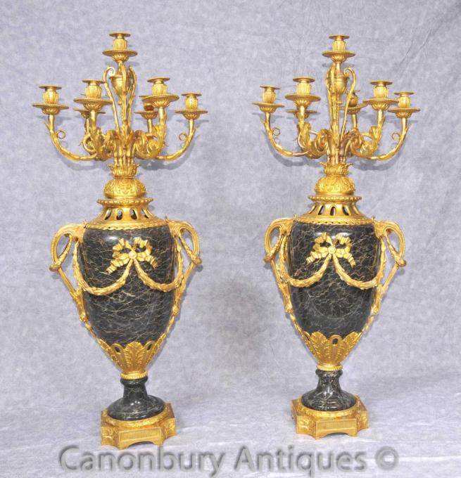 Pair Big Louis XVI Marble Urns Candelabras Gilt Ormolu Candles French